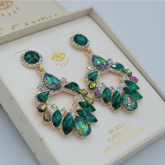 Eye Candy Earrings Luxe Gold Plated Glass Crystals Green Earrings #546 - Picture 6 of 12